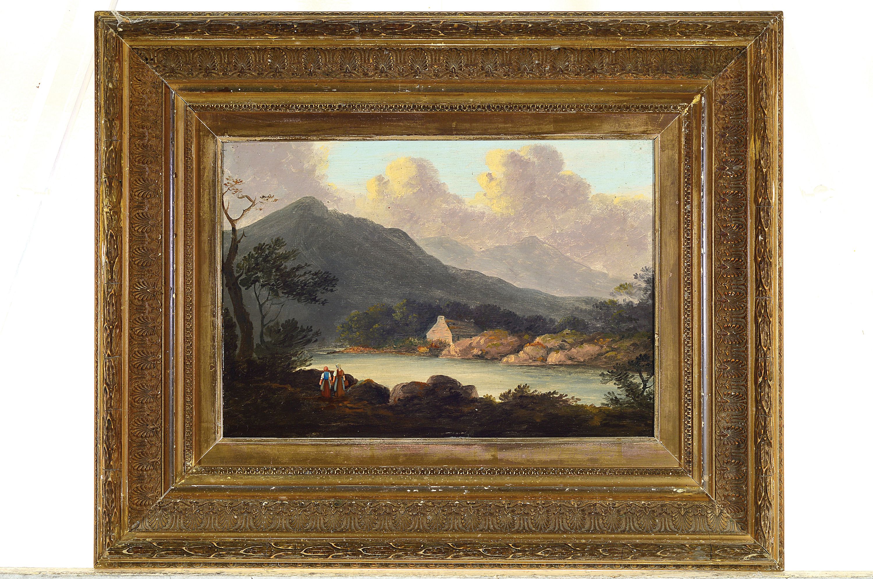 Detail k: Monogrammist HGB, Spätromantiker Mitte 19.Jh. , Flusslandschaft mit aufziehendem Gewitter, Figurenstaffage aus einem Paar Mägde, rückseitig ...