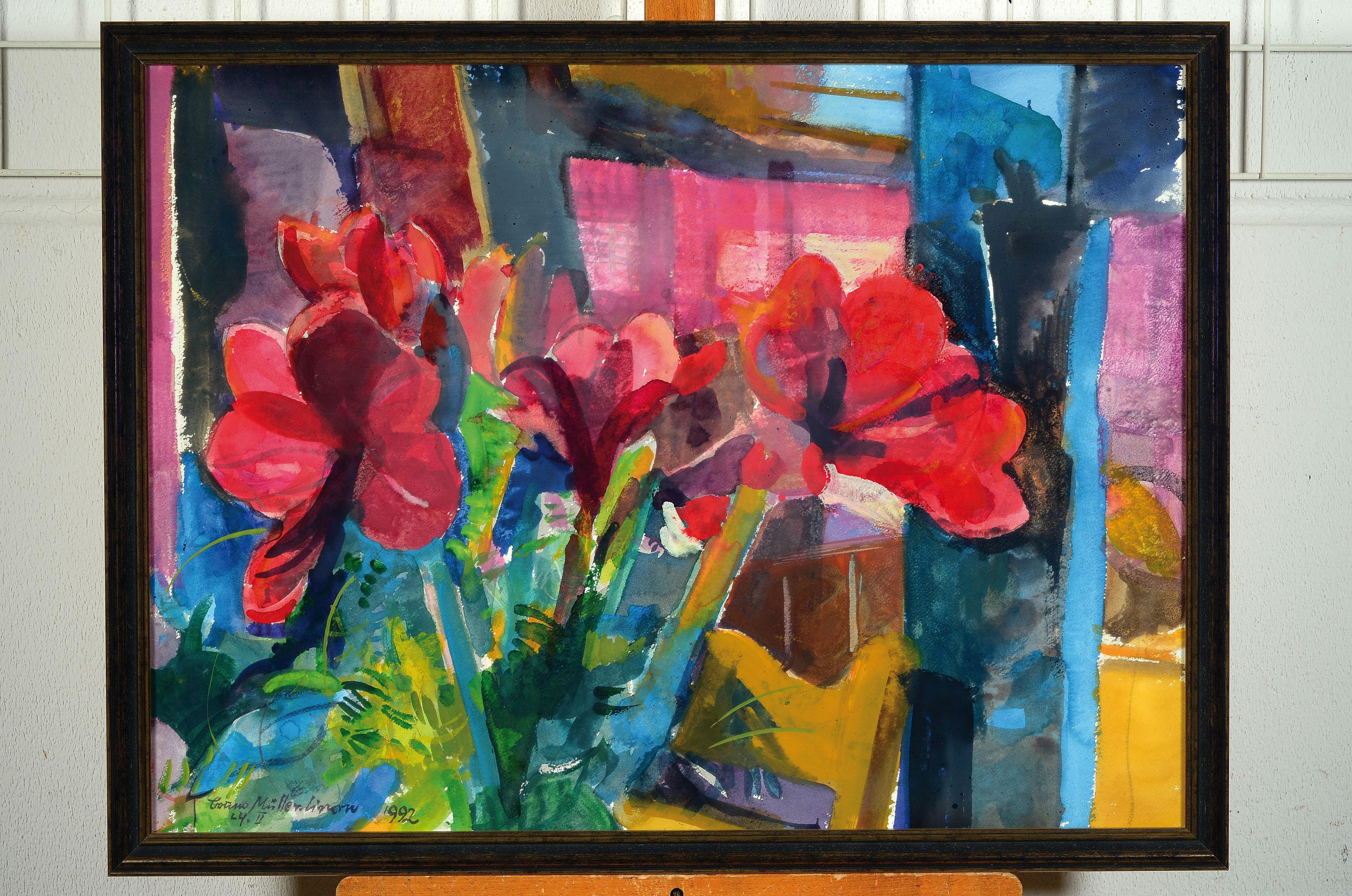 Detail k: Bruno Müller-Linow, 1909-1997 Aquarell, Stillleben mit Amaryllis, 1992, signiert und datiert, unter Glas gerahmt 62x80 cm; Müller-Linow studierte ...
