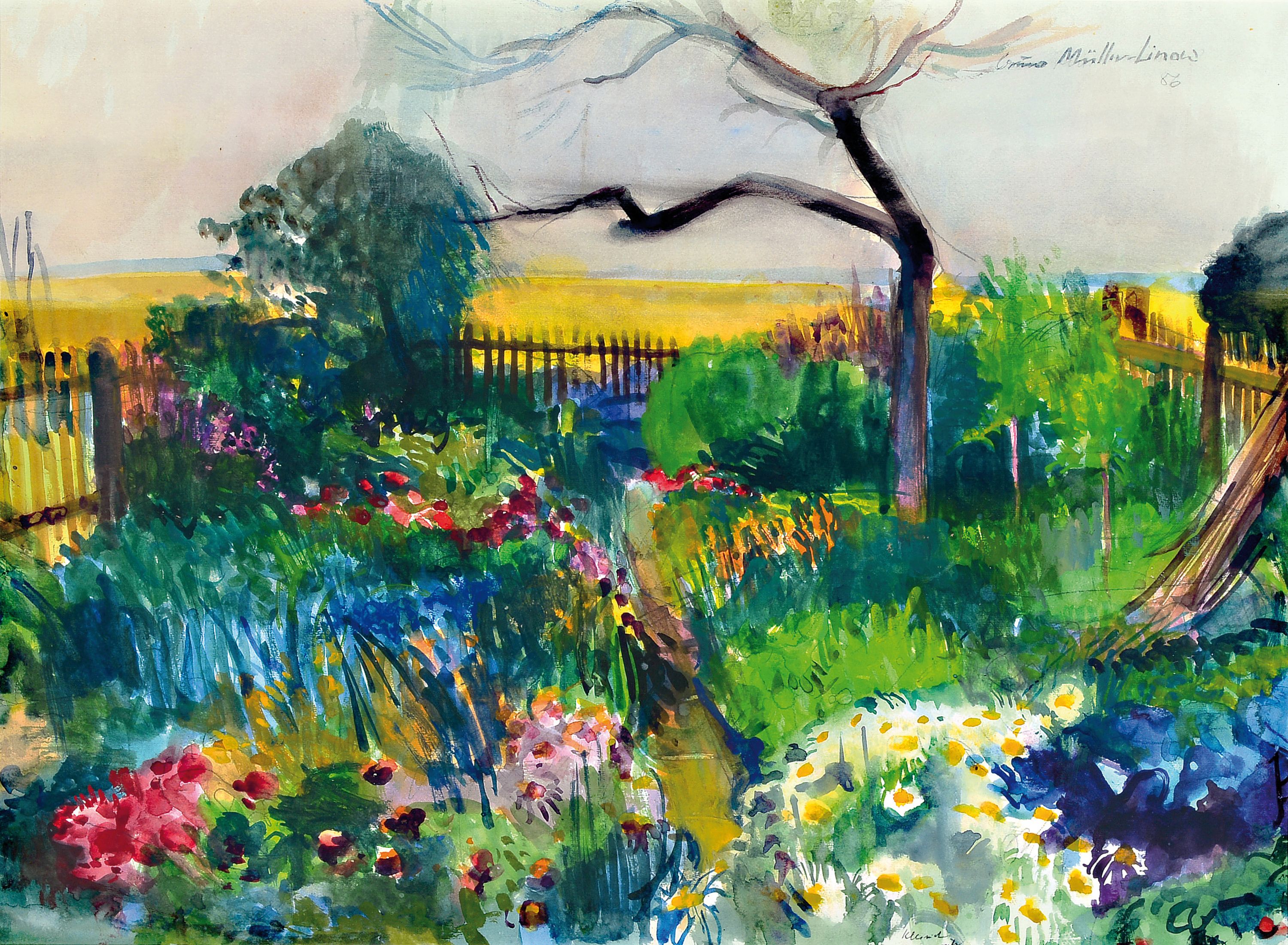 Bruno Müller-Linow, 1909 Pasewalk-1997 Hochscheid, Aquarell auf Bütten, "Baumgarten", 1986, signiert, datiert u. betitelt, unter PP und ...