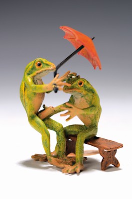 Image 26770901 - Viennese bronze, erotic frogs on the bench, signed. Miner, colorfully decorated, H. approx. 6.5cm