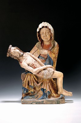 Image 26770904 - Wood carving, Pieta, southern German/Alpine, 20th century, carved wood, hollowed, colored, based on the Gothic model, traces of age, height 51 cm