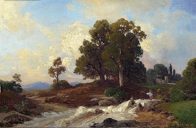 Image 26770905 - H. Stracke or similar, late 19th century artist, Arcadian river landscape with angler, oil/canvas, signed lower right, 18x26 cm, magnificent frame 38x46 cm
