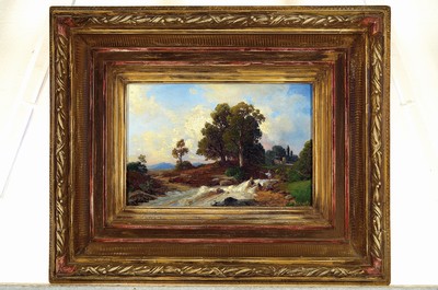 26770905k - H. Stracke or similar, late 19th century artist, Arcadian river landscape with angler, oil/canvas, signed lower right, 18x26 cm, magnificent frame 38x46 cm