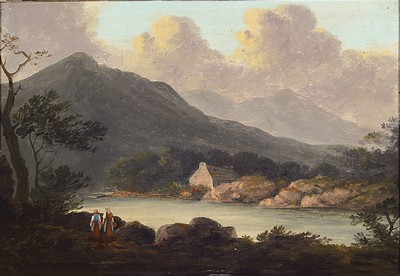 Image 26770906 - Monogrammist HGB, late romantic mid-19th century. , river landscape with approaching thunderstorm, figure staffage of a pair of maids, monogrammed HGB on the back and inscribed "May 29 181...", oil/wood, 21x29 cm,frame damaged 37x45cm