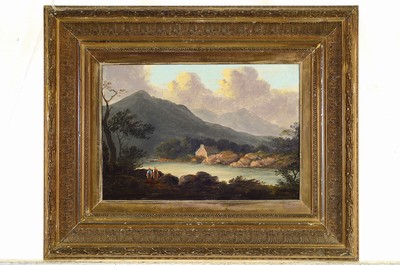 26770906k - Monogrammist HGB, late romantic mid-19th century. , river landscape with approaching thunderstorm, figure staffage of a pair of maids, monogrammed HGB on the back and inscribed "May 29 181...", oil/wood, 21x29 cm,frame damaged 37x45cm
