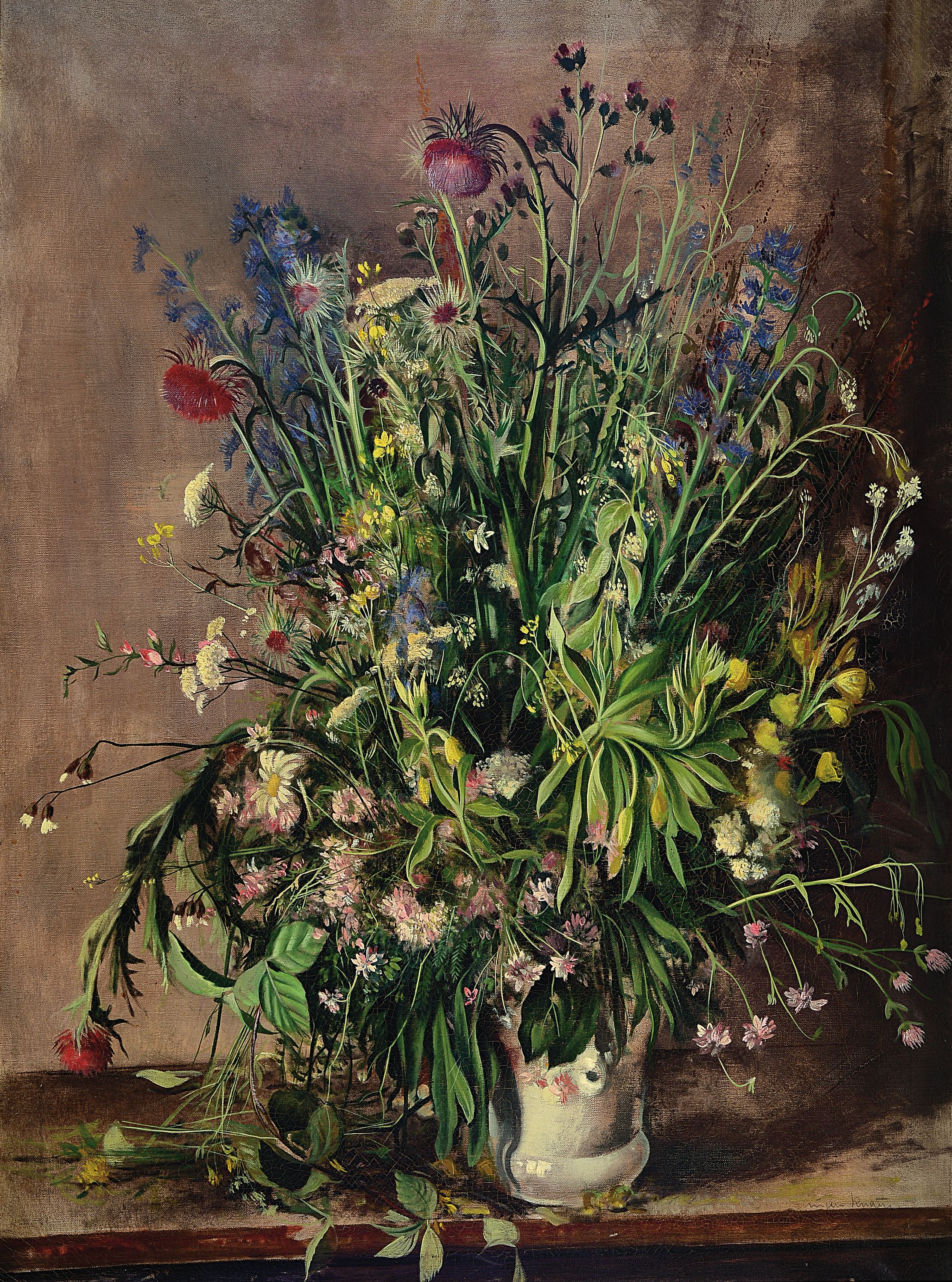 Eugen Knaus, 1900 Mannheim-1976 Lampertheim, Stillleben mit Feldblumen, Öl/Lwd, re. unten signiert, leichte Altersspuren, ca. 100 x 75 cm, Rahmen ...