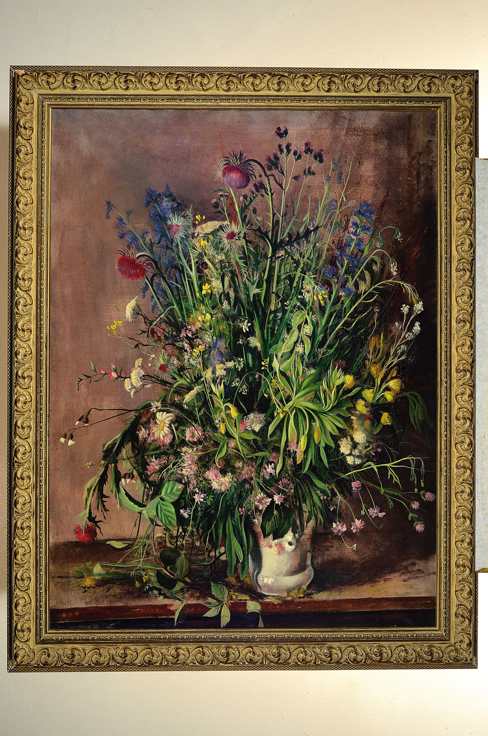 Detail k: Eugen Knaus, 1900 Mannheim-1976 Lampertheim, Stillleben mit Feldblumen, Öl/Lwd, re. unten signiert, leichte Altersspuren, ca. 100 x 75 cm, Rahmen ...