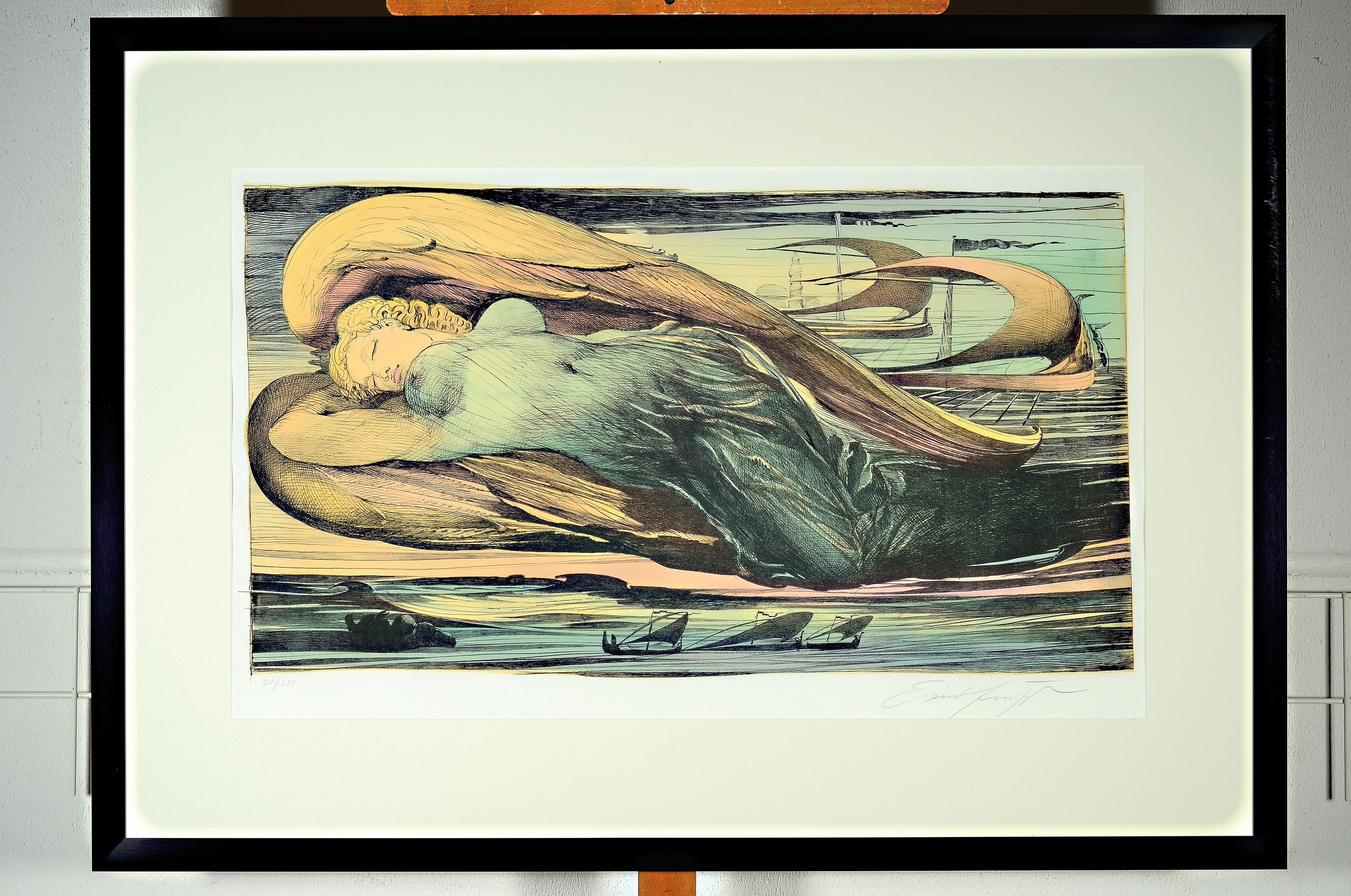 Detail k: Ernst Fuchs, 2030 - 2015, Engel über Wien, Farbradierung, handsigniert, num. 21/250, ca. Abbildung ca. 43 x 78 cm, Rahmen ca. 75 x 104 cm