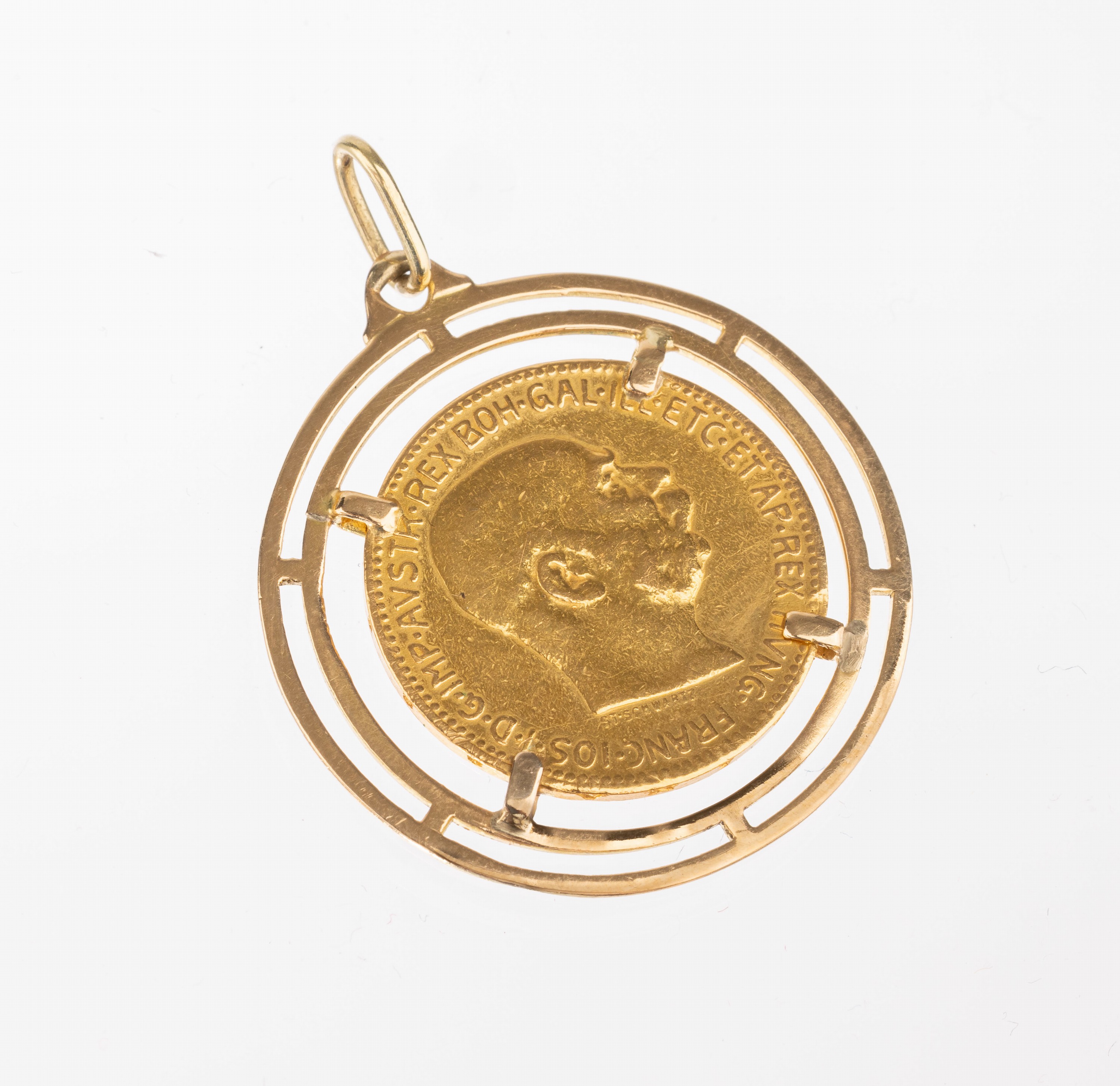 18 kt Gold Münz-Anhänger, GG 750/000 gepr.,lose gefasste Goldmünze, 20 Kronen, Österreich-Ungarn, 1915, offizielle Nachprägung, ...
