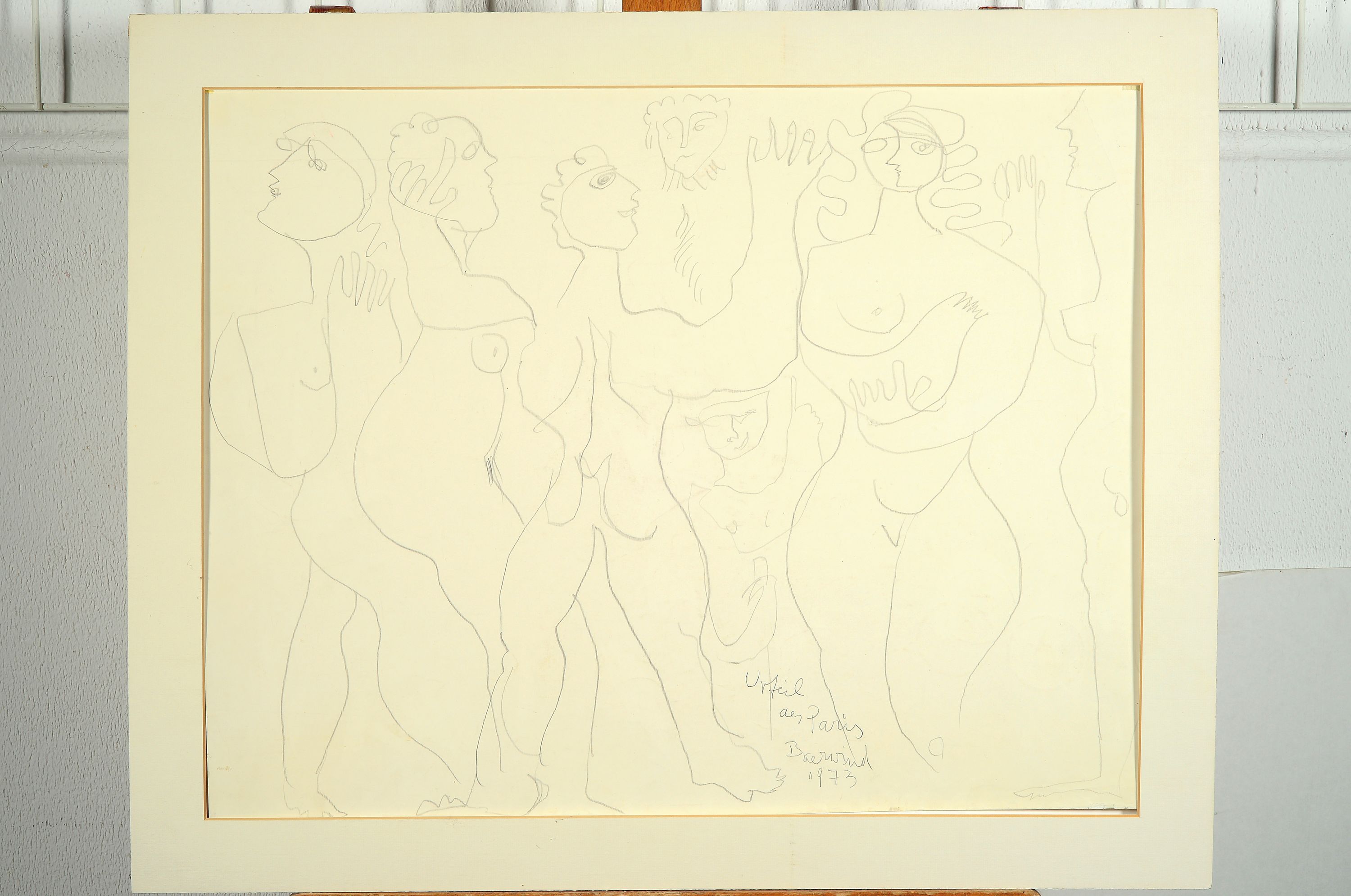 Detail b: Rudi Baerwind, 1910 - 1982, drei Original Zeichnungen, a. Urteil des Paris, Bleistiftzeichnung, signiert, dat. 1973, 48 x 61 cm, Altersspuren b. Die ...