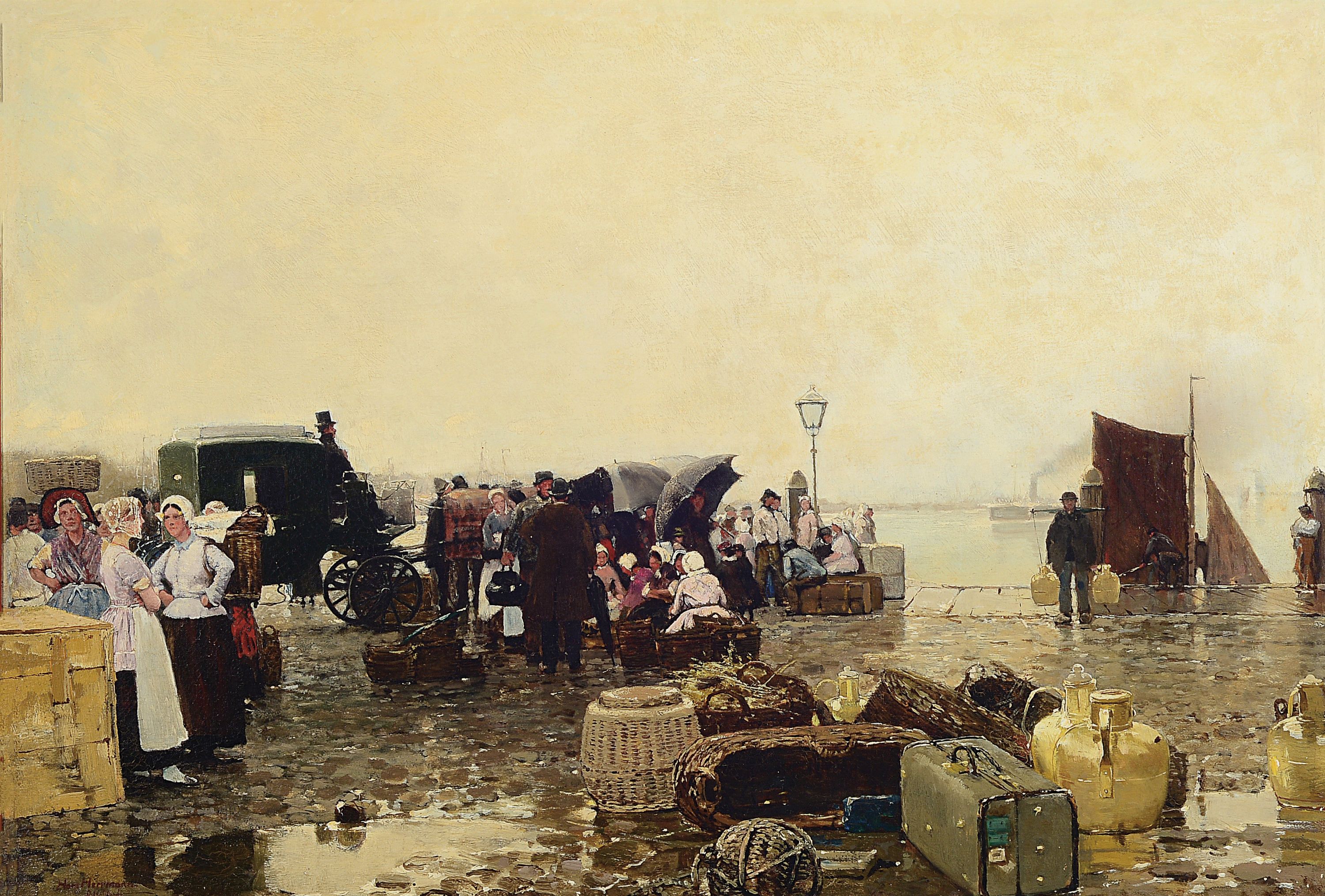 Hans Herrmann, 1858-1942 Berlin, Wartende Reisende am Pier, Öl/Lwd, links unten signiert und bez.: Düsseldorf, ca. 45x65cm, R. ca. 64x85cm, Studium ...