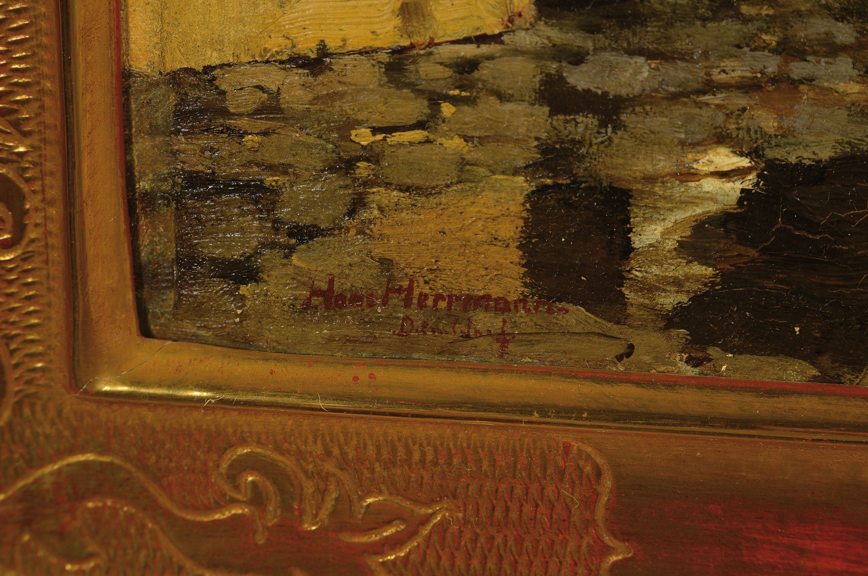 Detail a: Hans Herrmann, 1858-1942 Berlin, Wartende Reisende am Pier, Öl/Lwd, links unten signiert und bez.: Düsseldorf, ca. 45x65cm, R. ca. 64x85cm, Studium ...