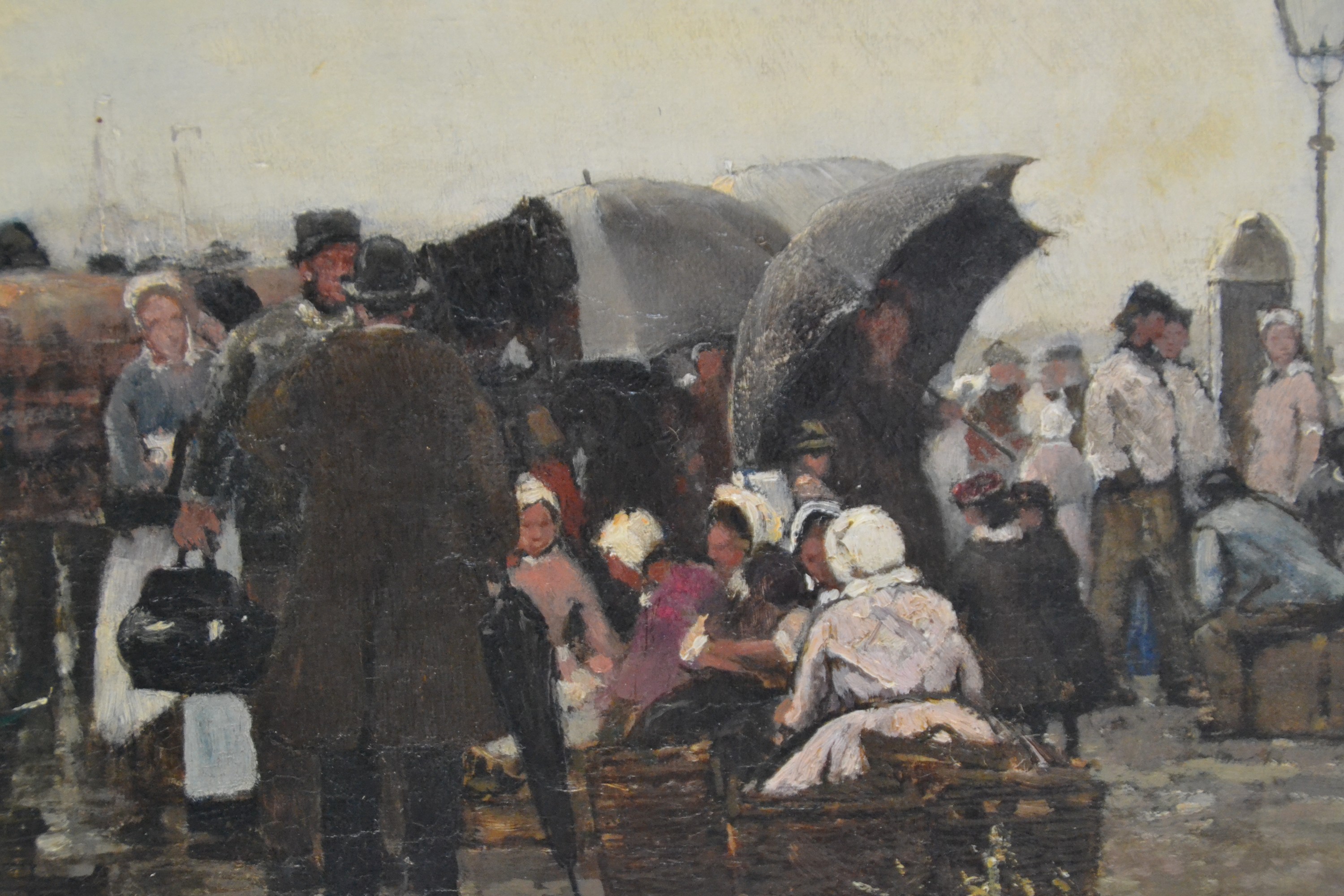 Detail d: Hans Herrmann, 1858-1942 Berlin, Wartende Reisende am Pier, Öl/Lwd, links unten signiert und bez.: Düsseldorf, ca. 45x65cm, R. ca. 64x85cm, Studium ...