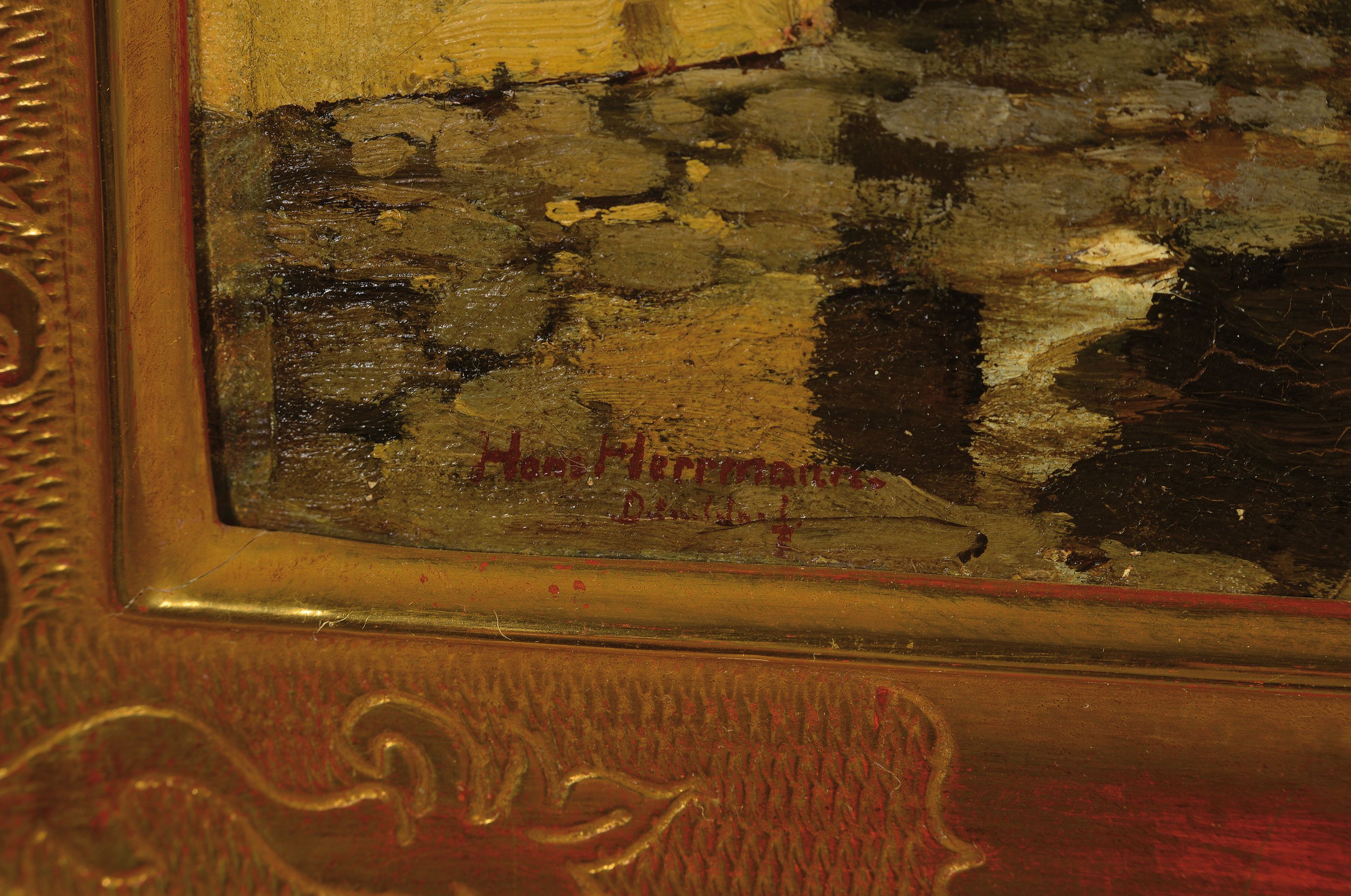 Detail l: Hans Herrmann, 1858-1942 Berlin, Wartende Reisende am Pier, Öl/Lwd, links unten signiert und bez.: Düsseldorf, ca. 45x65cm, R. ca. 64x85cm, Studium ...