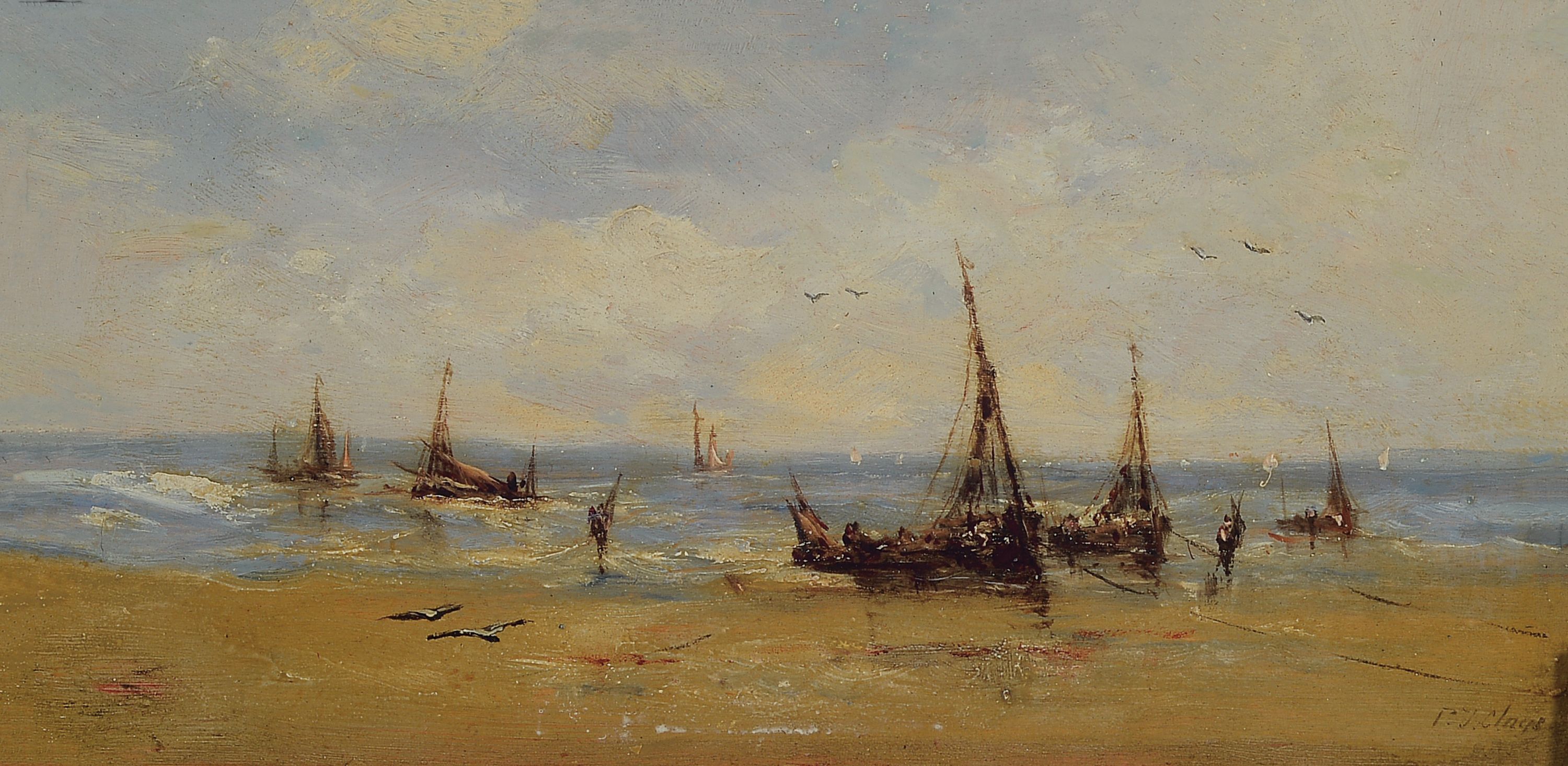 Paul Jean Clays, 1819-1900, Fischerboote am Strand, Öl/Holz, rechts unten sign., ca. 12x24cm, R. ca. 27x39cm