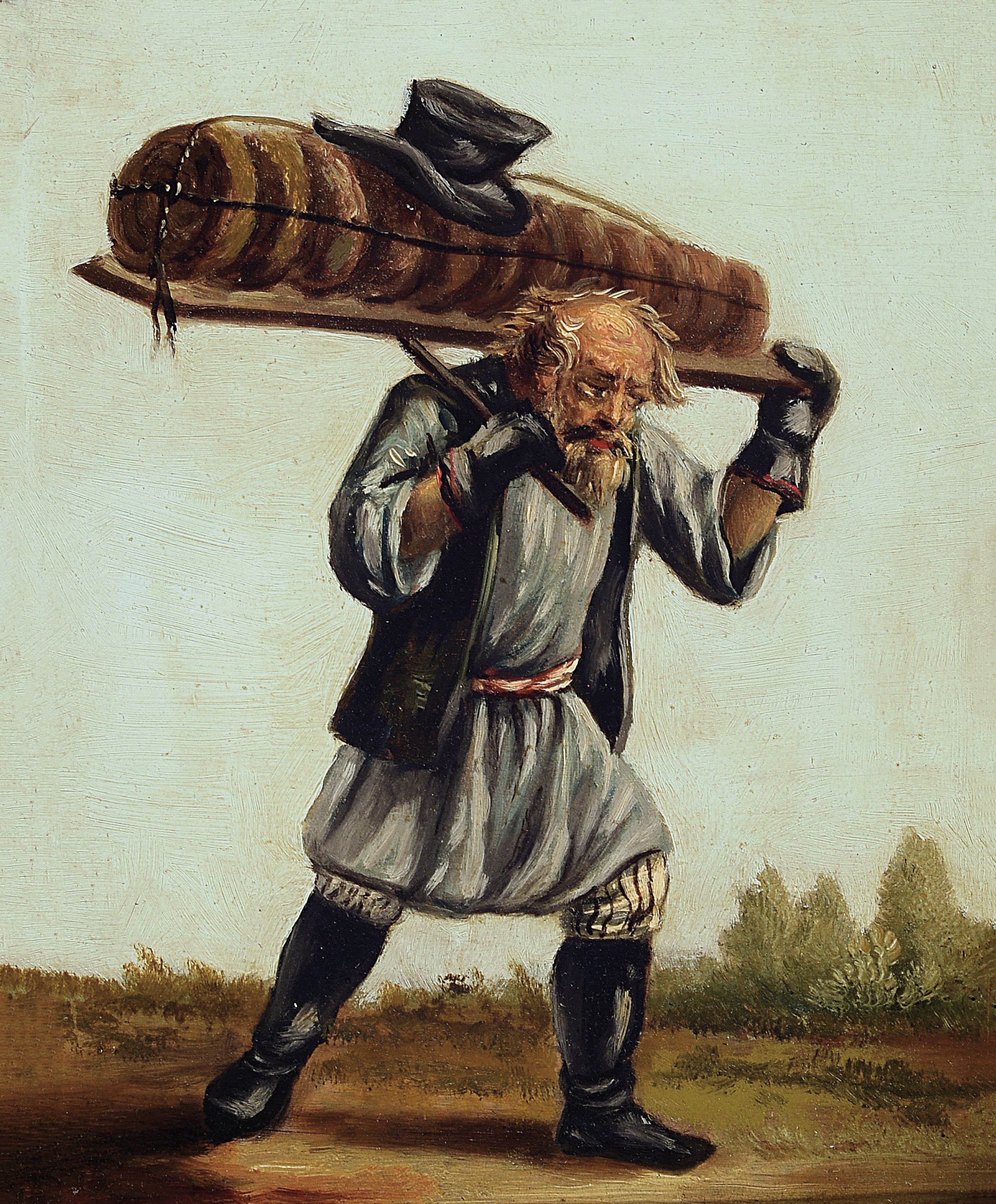 Zuschreibung: Alexander Ossipovich Orlowsky, 1777-1832, Ganzporträt eines Straßenverkäufers, Öl/Holz, unsigniert, ca. 23x18cm, R. ca. 32x28cm