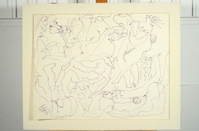 26771646a - Rudi Baerwind, 1910 - 1982, three original drawings, a. Judgment of Paris, pencil drawing, signed, dated 1973, 48 x 61 cm, signsof age b. The Flying Ones, felt-tip pen, hand-signed, dated 1973, approx. 48 x 61 cm, PP., signs of age, l. wrinkled, c. The Robbery, hand-signed and dated 1974, felt-tip pen, 48 x 61 cm, signs of age, slight wrinkled