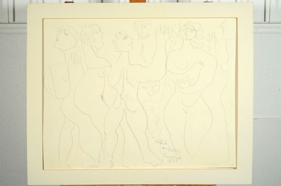 26771646b - Rudi Baerwind, 1910 - 1982, three original drawings, a. Judgment of Paris, pencil drawing, signed, dated 1973, 48 x 61 cm, signsof age b. The Flying Ones, felt-tip pen, hand-signed, dated 1973, approx. 48 x 61 cm, PP., signs of age, l. wrinkled, c. The Robbery, hand-signed and dated 1974, felt-tip pen, 48 x 61 cm, signs of age, slight wrinkled