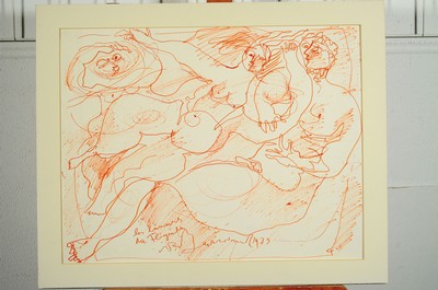 26771646k - Rudi Baerwind, 1910 - 1982, three original drawings, a. Judgment of Paris, pencil drawing, signed, dated 1973, 48 x 61 cm, signsof age b. The Flying Ones, felt-tip pen, hand-signed, dated 1973, approx. 48 x 61 cm, PP., signs of age, l. wrinkled, c. The Robbery, hand-signed and dated 1974, felt-tip pen, 48 x 61 cm, signs of age, slight wrinkled