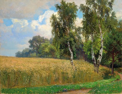 Image 26771647 - Georg Holub, 1861 Brno-1919 Vienna, Studies at the academy Vienna, full wheat field with birches at the edge of the forest, signed lower right in red, oil/canvas relined on cardboard, slight surface damage, unframed, approx. 56x73cm