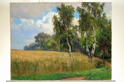 Image 26771647k - Georg Holub, 1861 Brno-1919 Vienna, Studies at  the academy Vienna, full wheat field with birches at the edge of the forest, signed lower right in red, oil/canvas relined on cardboard, slight surface damage, unframed, approx. 56x73cm