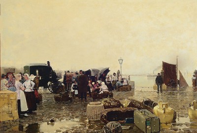 Image 26771654 - Hans Herrmann, 1858-1942 Berlin, Waiting travelers at the pier, oil/canvas, signed lower left and inscribed: Düsseldorf, approx. 45x65cm, frame approx. 64x85cm, Studies at the academy Berlin and at Dücker in Düsseldorf, member of the academy Berlin