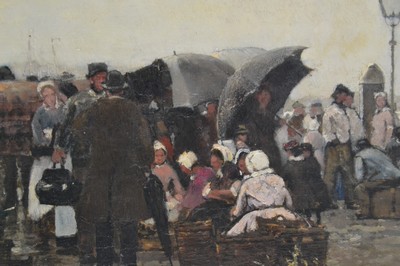 26771654d - Hans Herrmann, 1858-1942 Berlin, Waiting travelers at the pier, oil/canvas, signed lower left and inscribed: Düsseldorf, approx. 45x65cm, frame approx. 64x85cm, Studies at the academy Berlin and at Dücker in Düsseldorf, member of the academy Berlin