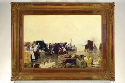 26771654k - Hans Herrmann, 1858-1942 Berlin, Waiting travelers at the pier, oil/canvas, signed lower left and inscribed: Düsseldorf, approx. 45x65cm, frame approx. 64x85cm, Studies at the academy Berlin and at Dücker in Düsseldorf, member of the academy Berlin
