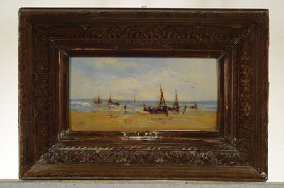 26771658k - Paul Jean Clays, 1819-1900, fishing boats on the beach, oil/wood, right below sign., approx. 12x24cm, frame approx. 27x39cm