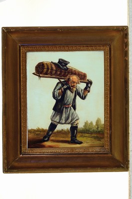 26771659k - Attribution: Alexander Ossipovich Orlowsky, 1777-1832, full portrait of a street vendor, oil/wood, unsigned, approx. 23x18cm, frame approx. 32x28cm
