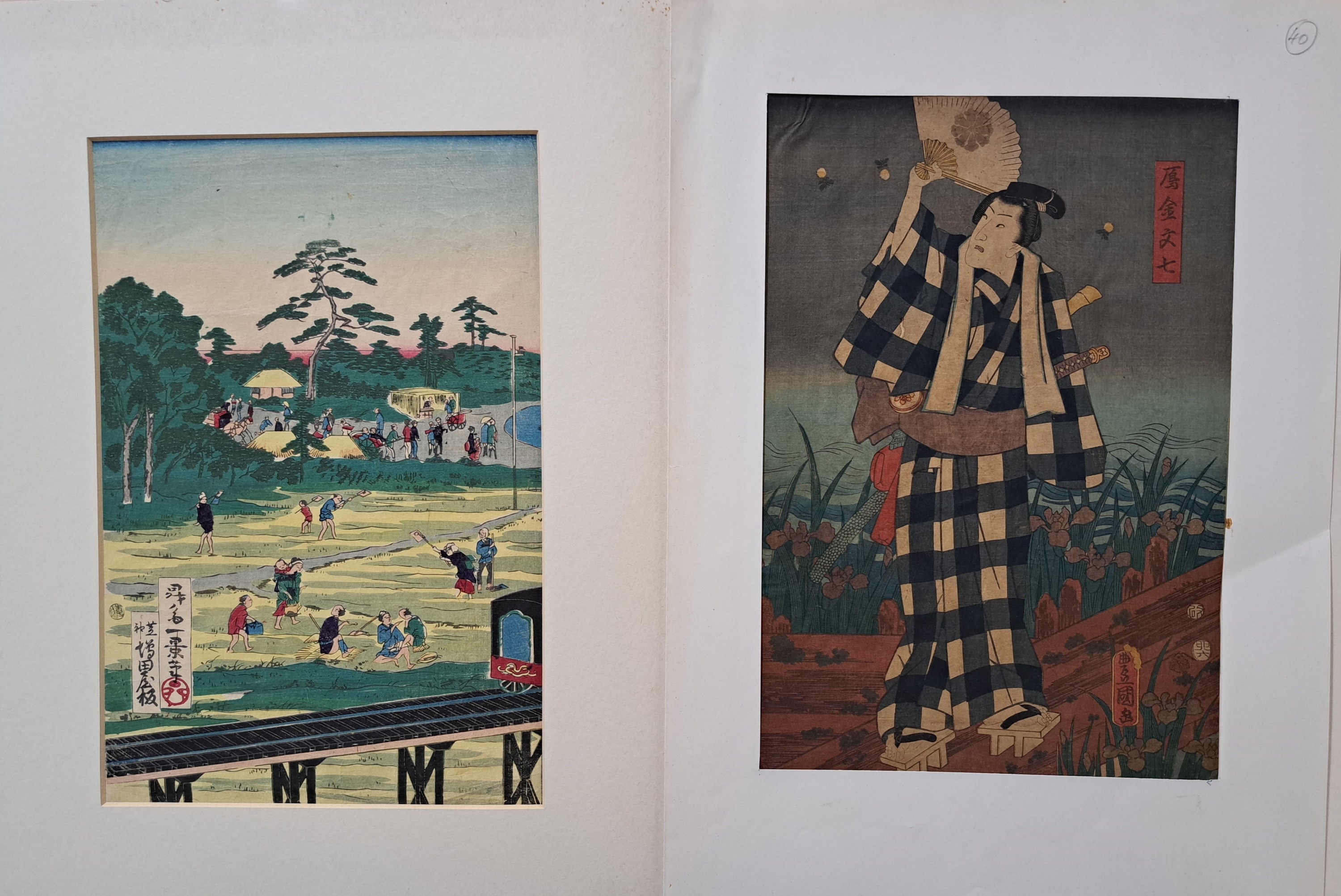 Detail g: Sammlung aus 28 japanischen Farbholzschnitten Ukiyo-e, 19. Jh., u.a.: Eisen, Toyokuni I und II, Kunisada, Utagawa, Hokusai, Kuniyoshi und andere, ...