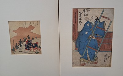 26771904f - Collection of 28 Japanese color woodcuts Ukiyo-e, 19th century, inter alia: Eisen, Toyokuni I and II, Kunisada, Utagawa, Hokusai, Kuniyoshi and others, representation of Samurai, scenes from the Kabuki theater, scenes from everyday life, mostly in oban format, partly tanned or with visible signs of age.