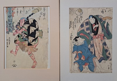 26771904i - Collection of 28 Japanese color woodcuts Ukiyo-e, 19th century, inter alia: Eisen, Toyokuni I and II, Kunisada, Utagawa, Hokusai, Kuniyoshi and others, representation of Samurai, scenes from the Kabuki theater, scenes from everyday life, mostly in oban format, partly tanned or with visible signs of age.