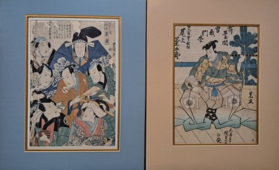 26771904j - Collection of 28 Japanese color woodcuts Ukiyo-e, 19th century, inter alia: Eisen, Toyokuni I and II, Kunisada, Utagawa, Hokusai, Kuniyoshi and others, representation of Samurai, scenes from the Kabuki theater, scenes from everyday life, mostly in oban format, partly tanned or with visible signs of age.