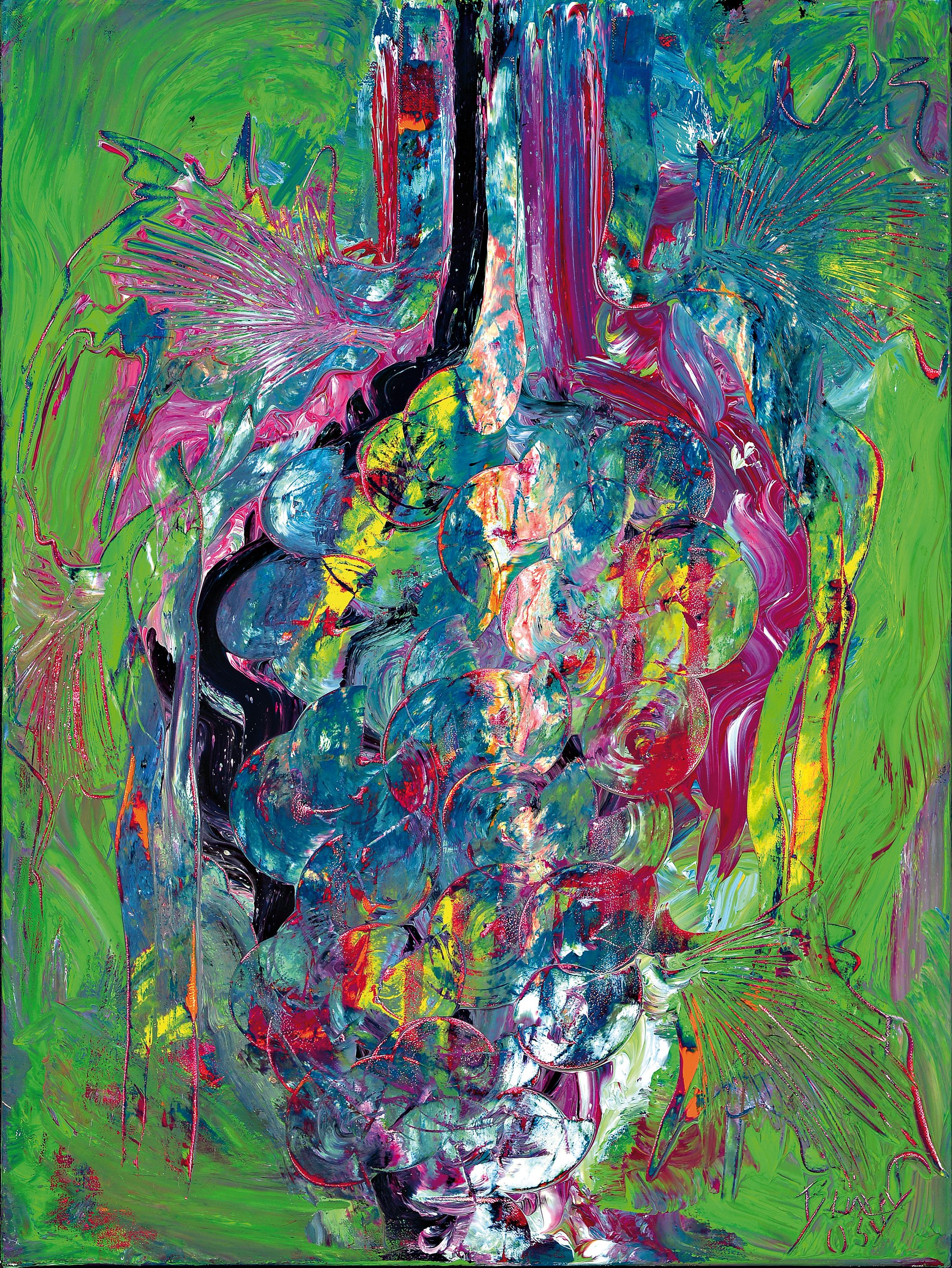 Dietmar Brixy, geb. 1961, Mannheim, Studium an der Akademie Karlsruhe, hier Trauben, Acryl/Lwd, signiert und dat. 05 ?, orig. Metallleiste, 83x62 cm, ...