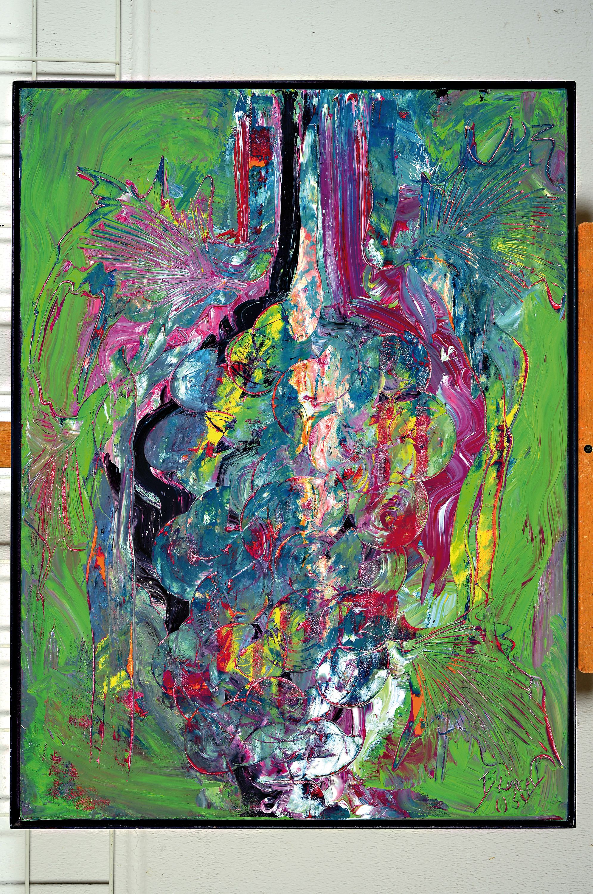 Detail k: Dietmar Brixy, geb. 1961, Mannheim, Studium an der Akademie Karlsruhe, hier Trauben, Acryl/Lwd, signiert und dat. 05 ?, orig. Metallleiste, 83x62 cm, ...
