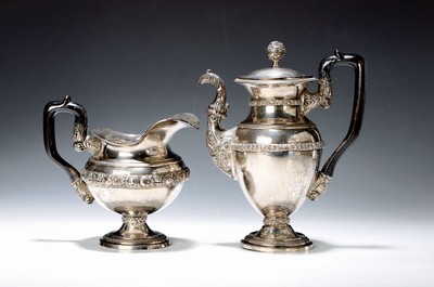 Image 26772230 - Coffee pot and large milk jug, Austria, around1855, Vienna, silver, partly chased, wooden handles, surrounding fruit shelves, coffee potl. compressed, approx. 1050 g, slight traces of age