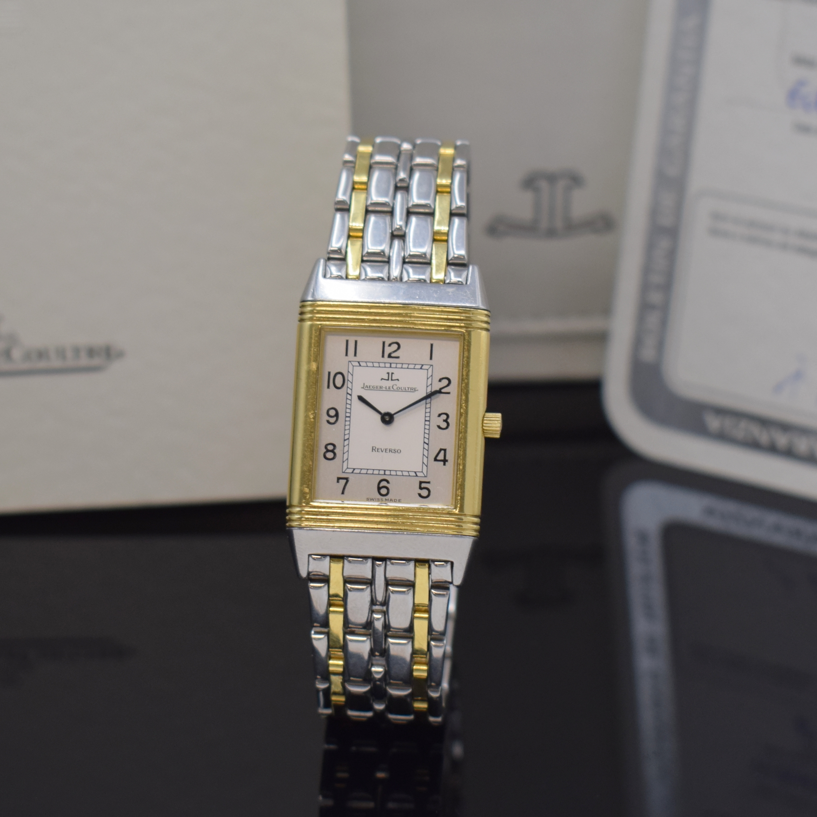 Jaeger-LeCoultre Armbanduhr Reverso Classique Referenz 250.5.86 in Stahl/Gold, Schweiz verk. lt. beil. Zertifikat 11/1994, Handaufzug, um 180 Grad ...