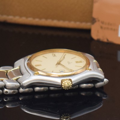 26772568c - EBEL wristwatch series 1911 reference 187902, quartz, stainless steel case including bracelet with deployant clasp, 18k gold bezel 5-times screwed down, 8-times screwed down case back, Roman hour-indices, display of hours, minutes, sweep seconds and date, diameter approx. 34 mm, length approx. 18 cm, original box and papers, sold in May 1995, condition 2-3