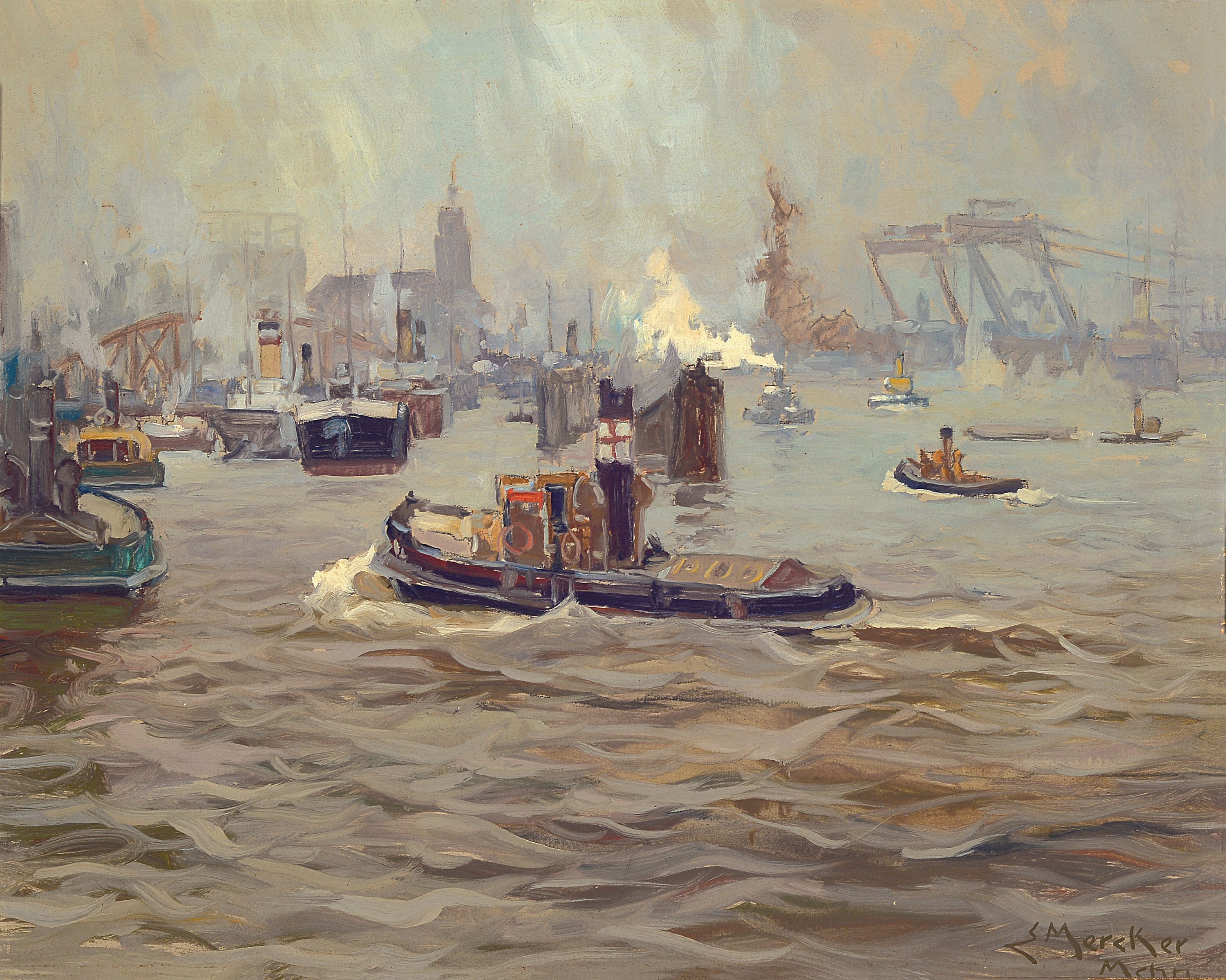 Erich Mercker, 1891 Zabern (Elsass)- 1963 München, Studium in Berlin und München, hier: "Grauer Tag im Hafen", Öl/Hartfaser, signiert, ...