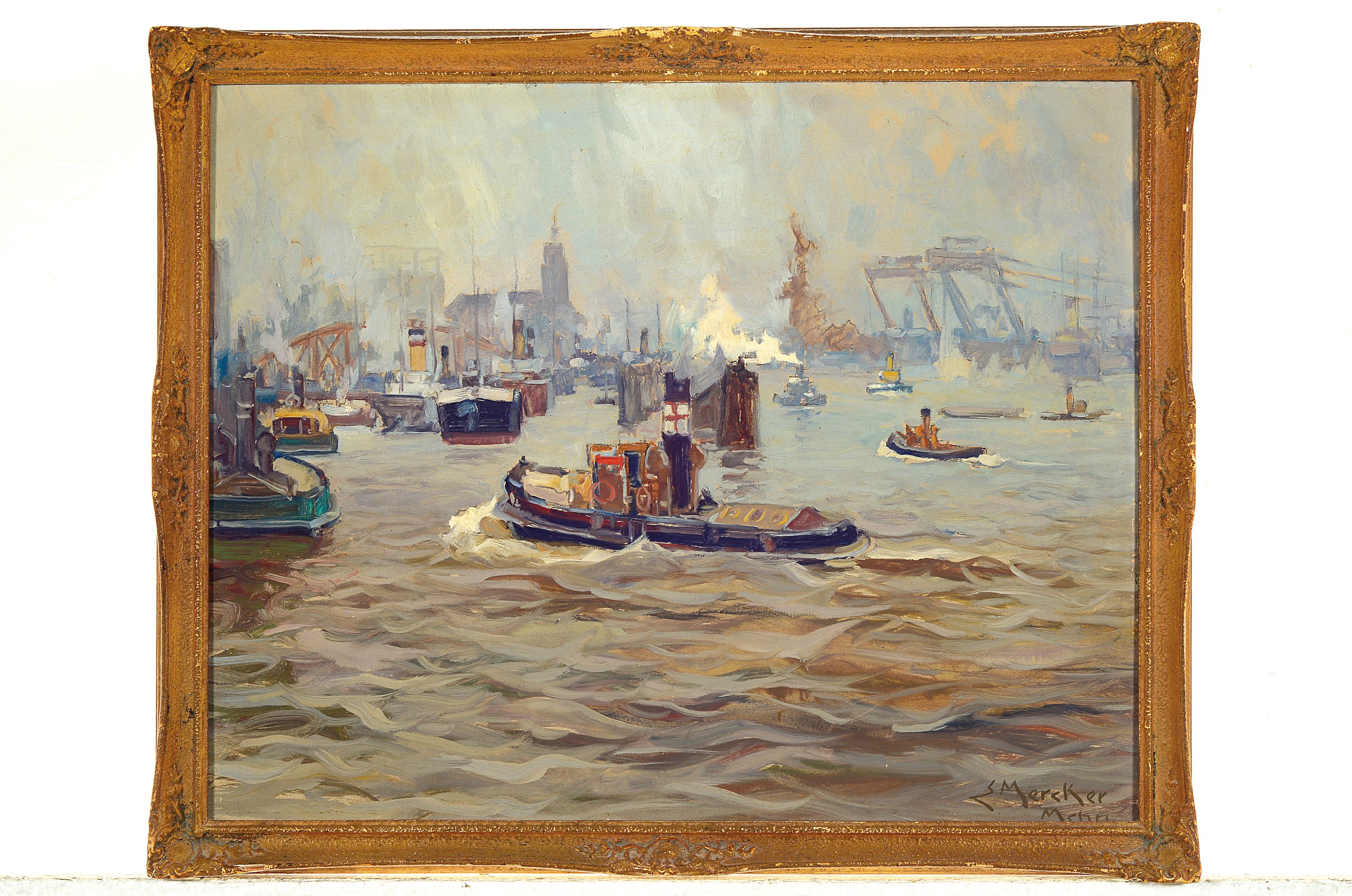 Detail k: Erich Mercker, 1891 Zabern (Elsass)- 1963 München, Studium in Berlin und München, hier: "Grauer Tag im Hafen", Öl/Hartfaser, signiert, ...