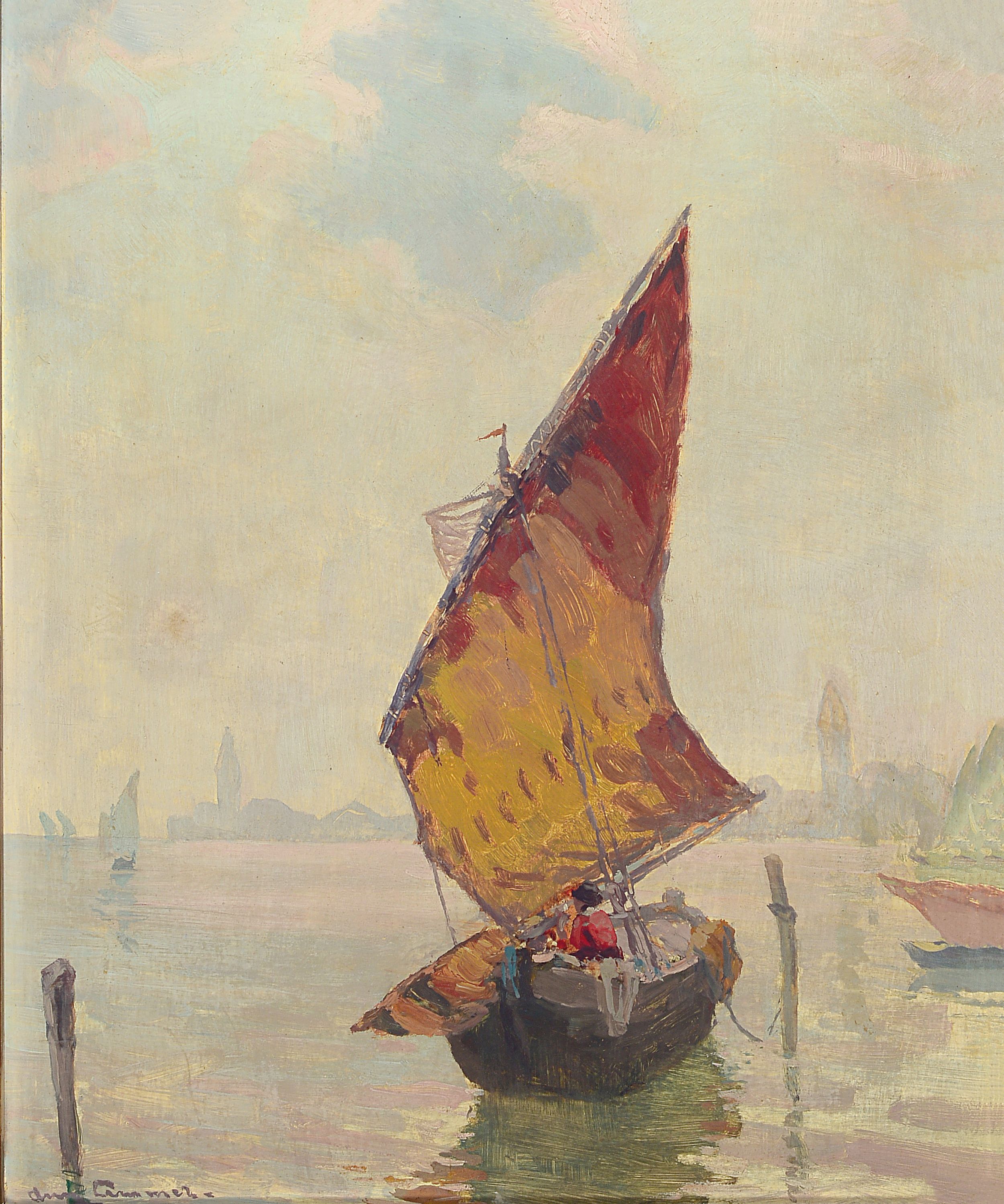 August Lemmer, geb. 1862 Deutz - 1933 Karlsruhe, Studium in Düsseldorf und Karlsruhe, Fischerboot vor Venedig, Öl/Karton, li. u. signiert, verso ...