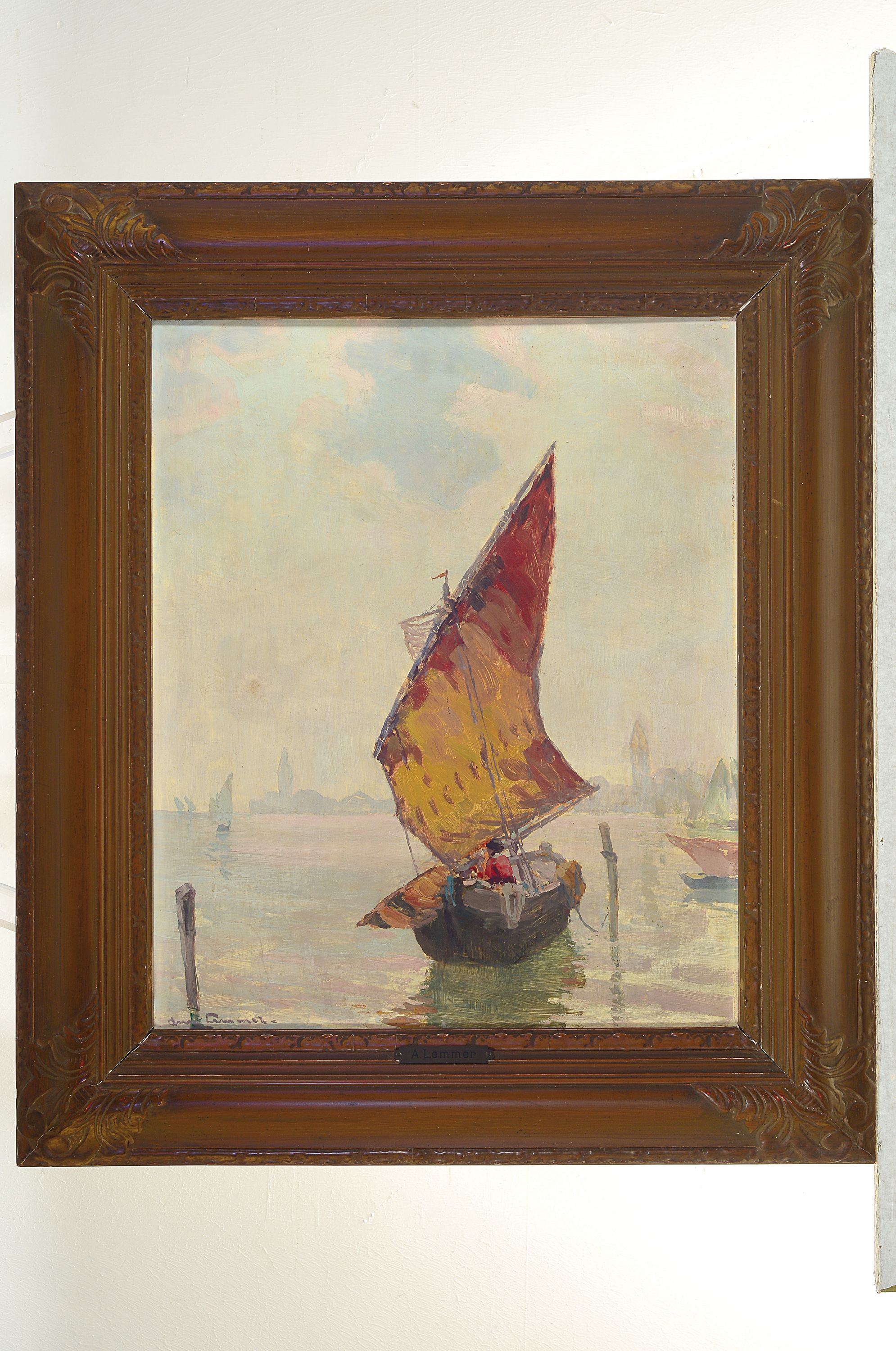 Detail k: August Lemmer, geb. 1862 Deutz - 1933 Karlsruhe, Studium in Düsseldorf und Karlsruhe, Fischerboot vor Venedig, Öl/Karton, li. u. signiert, verso ...