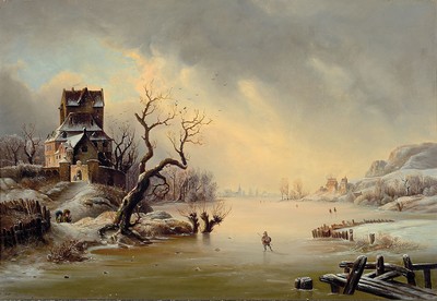 Image 26772682 - Probably Düsseldorf school, late 19th century., Ice Pleasure, winter landscape with persons,oil/canvas, restored, traces of age, unsigned,on the back owner's label inscribed Hedwig Oester...., 1898, approx. 37 x 53 cm, frame approx. 45x60cm