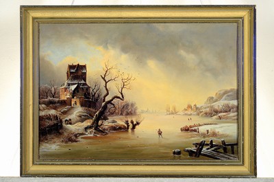 26772682k - Probably Düsseldorf school, late 19th century., Ice Pleasure, winter landscape with persons,oil/canvas, restored, traces of age, unsigned,on the back owner's label inscribed Hedwig Oester...., 1898, approx. 37 x 53 cm, frame approx. 45x60cm