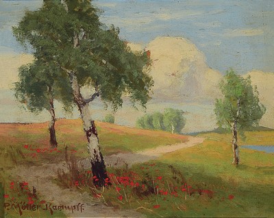 Image 26772693 - Paul Müller-Kaempff, 1861 - 1941 Berlin, counterpart to "A day in summer in the meadows near Ahrenshoop. Blooming poppies at the foot of the birches#", around 1920, catalog raisonné Mahlfeld 2021: PMK Werkkatalog Vol. III, G 1204, P. 342, oil/painting board, signed lower left, good color fresh condition, on the back with handwritten dedication dated #"Neujahr 1923#" (probably secondary), approx. 20x24.5 cm, pomp frame 38x43 cm; is listed in the addendum to the catalog raisonné under G 1268. We thank Dr. Konrad Mahlfeld for his support