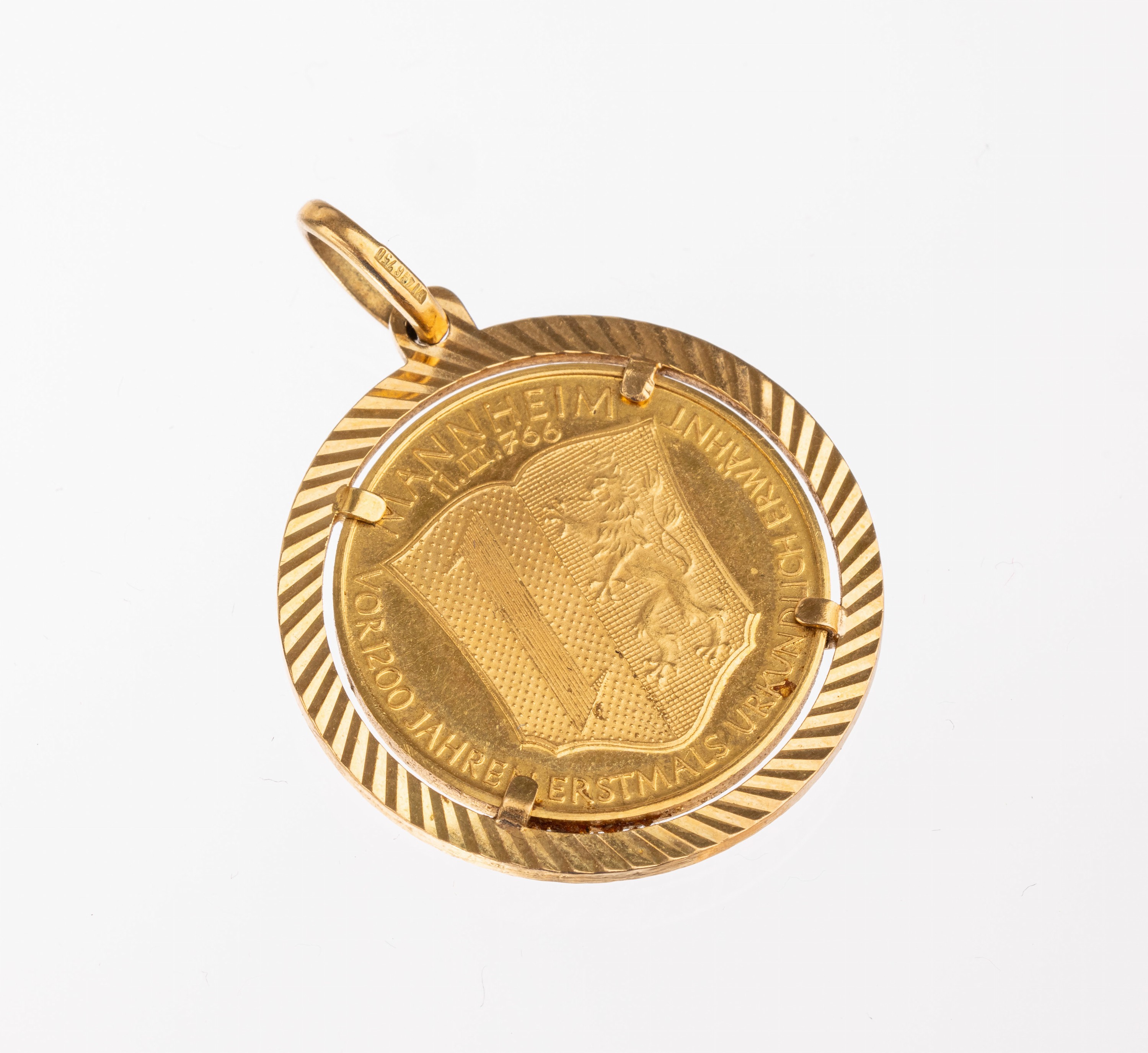 18 kt Gold Medaillen-Anhänger, GG 750/000, lose gefasste Medaille, 900er Gold, Metropole der Kurpfalz, 11.3.766, Vor 1200 Jahren erstmals ...
