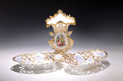 Image 26772708 - Vase and two bowls, France, around 1860/70, porcelain, colorfully painted, gold decoration, slightly rubbed, 32 x 20 cm, bowlsapprox. 31 x 20 cm