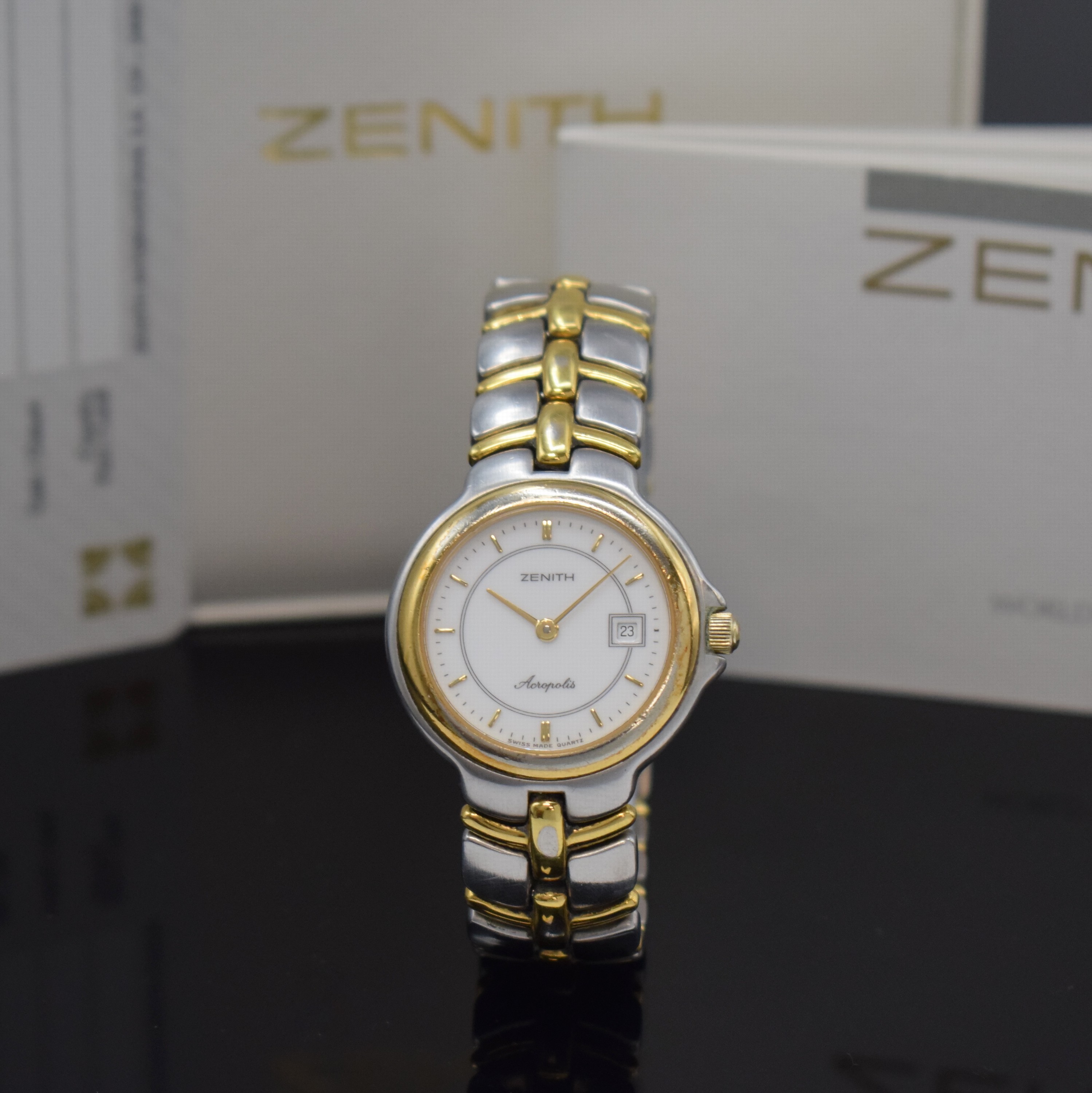 ZENITH Damenarmbanduhr Acropolis Referenz 59.7000.295 in Stahl/Gold, Schweiz um 1995, quarz, Boden m. Monogramm 4-fach verschr., Gliederband m. dopp. ...