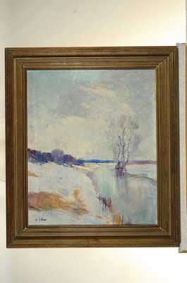26773364k - Unidentified artist at the beginning of the 20th century, winter landscape, impasto paint application, illegibly signed lower left, 75x64 cm, frame
